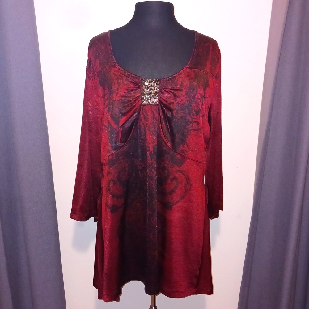 One World Witchy Gothic Boho Flowy Dark Academia Red Embellished Tunic Top 2Xl